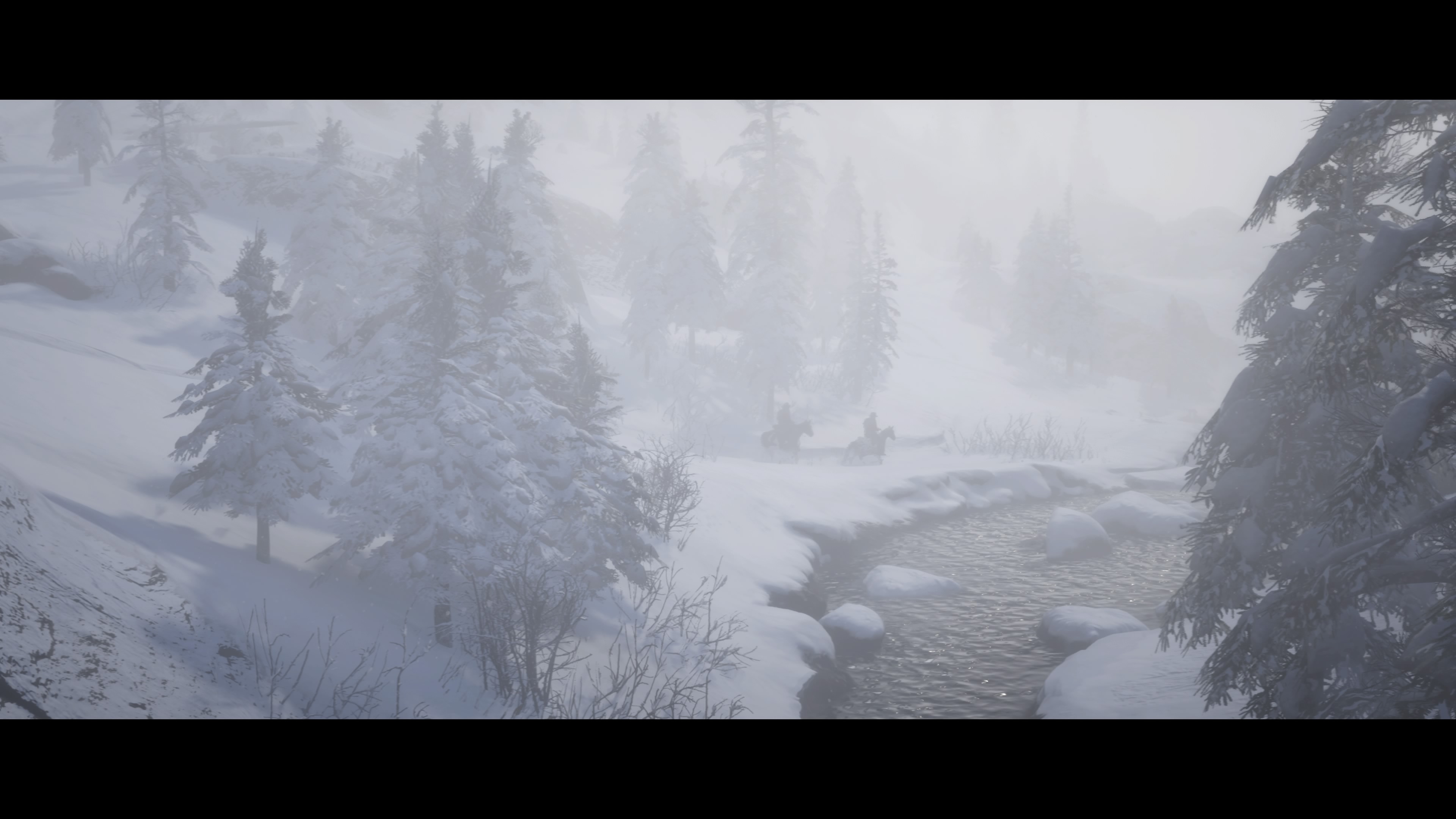 Red Dead Redemption 2 - Kaksi ratsastajaa, lumisadetta ja joenmutka