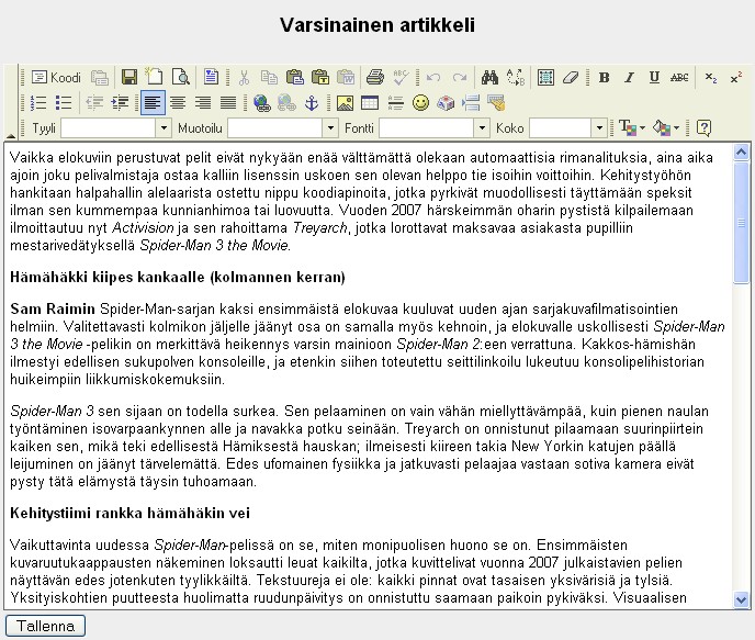 Arvostelun muokkaaminen vanhalla työkalulla