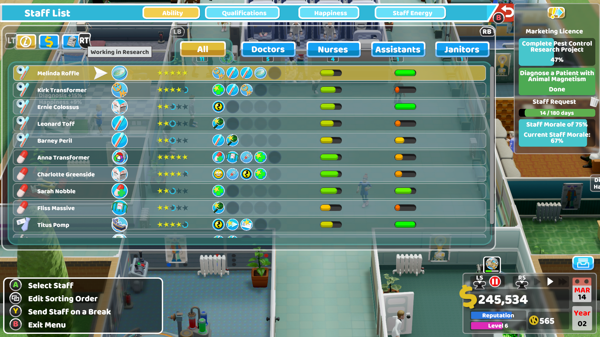 Two Point Hospital: Henkilökunta